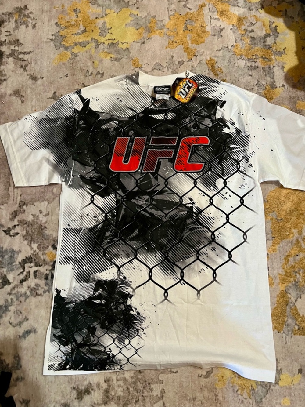 UFC White T-Shirt with Red Logo and Black Cage Graphic
